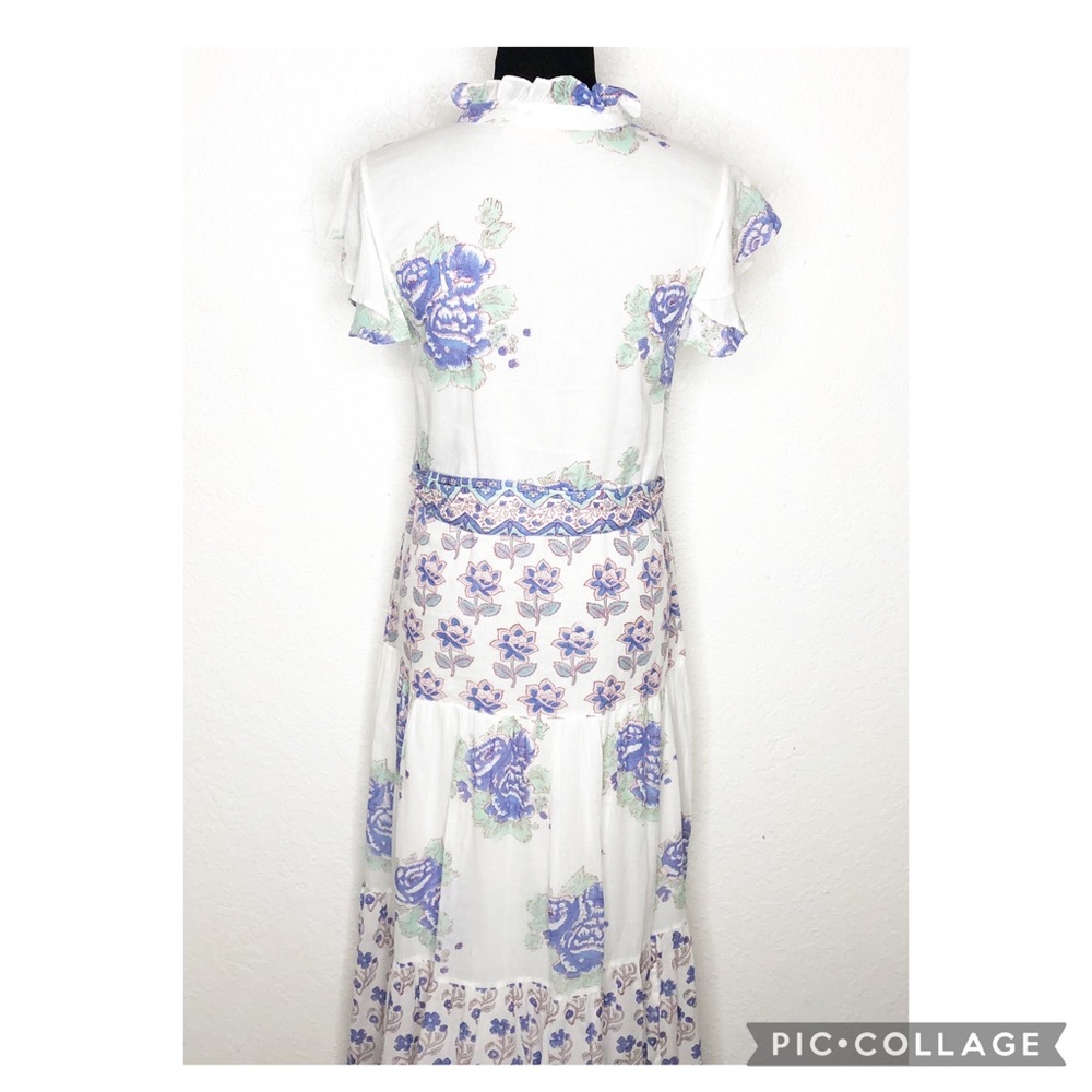 Oliphant Portofino white blue floral button front ruffle trim maxi dress Small - Picture 15 of 16